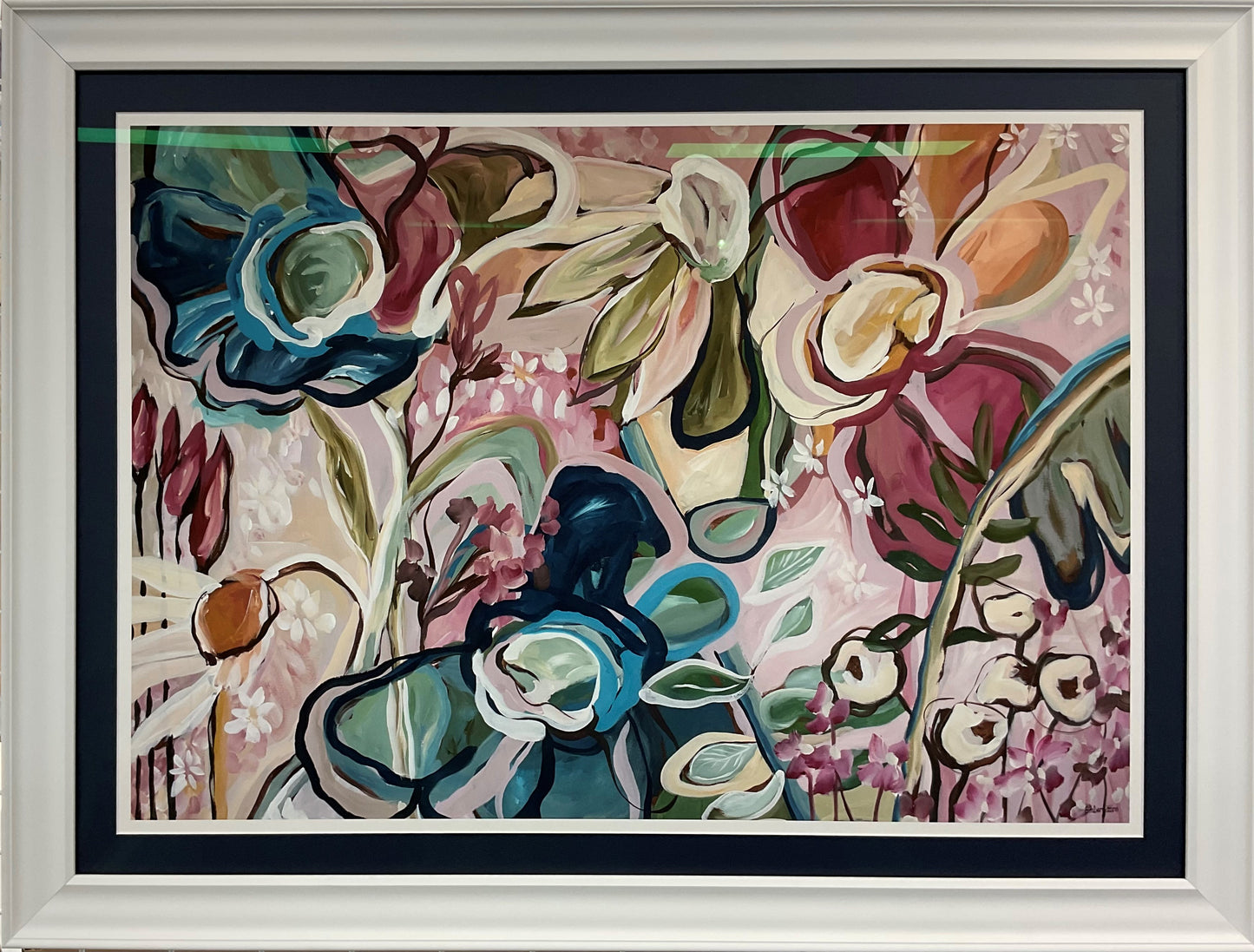Colourful floral artwork by Amber Gittins in white frame