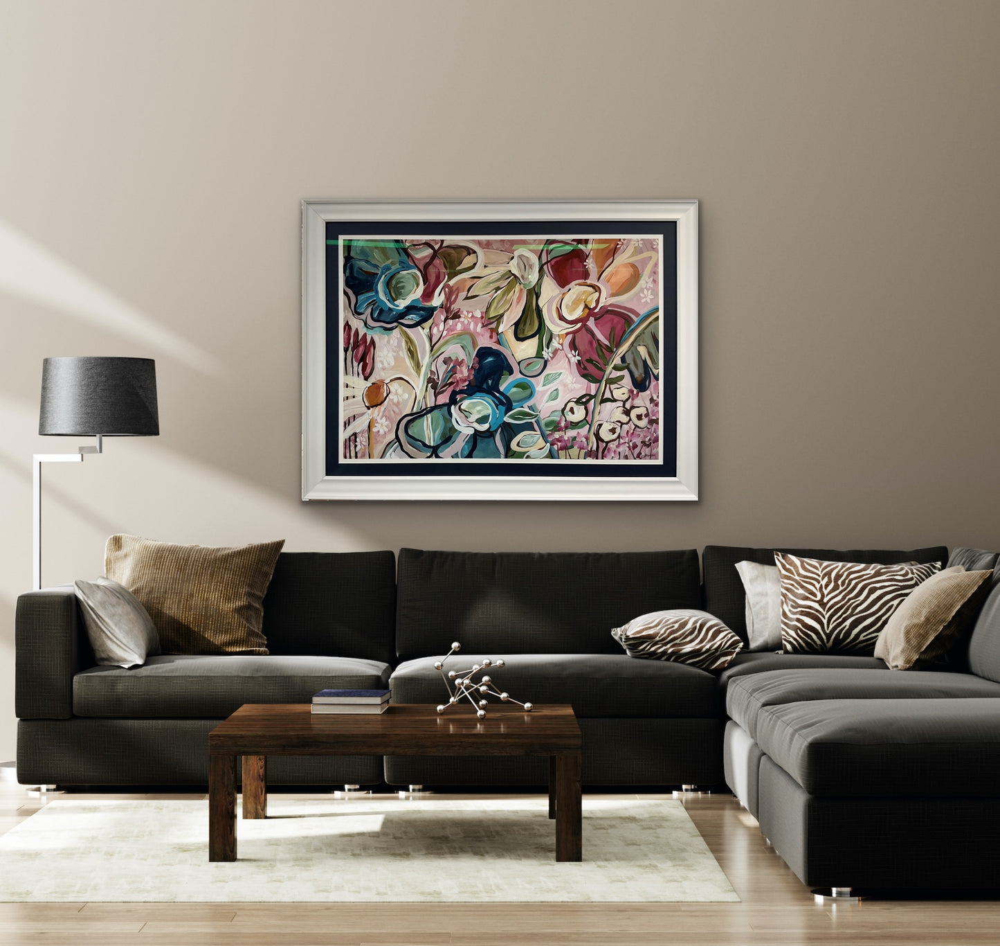 Colourful floral artwork by Amber Gittins in white frame