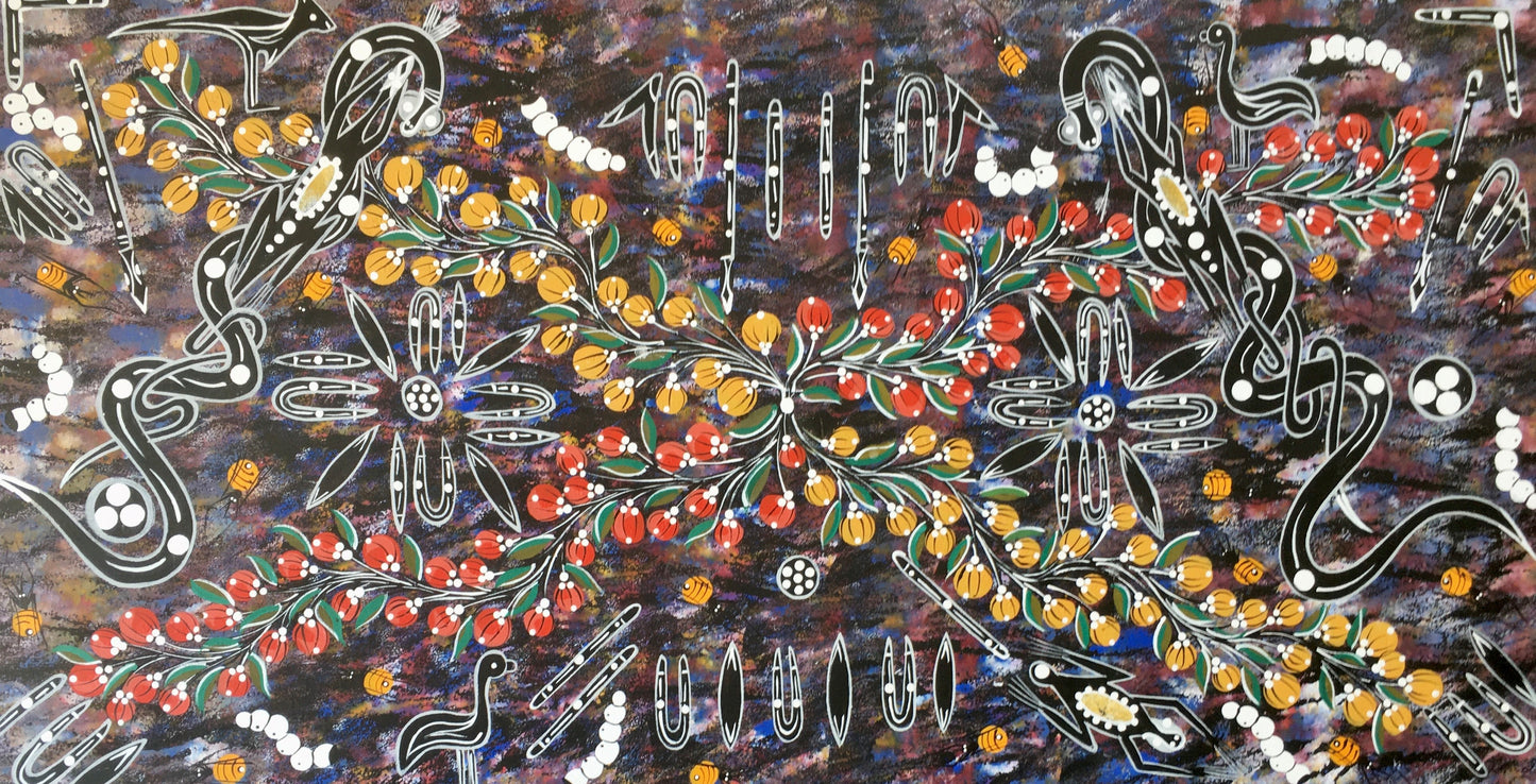 Campfire Gathering by June Sultan, original Aboriginal art, 100 x 52cm