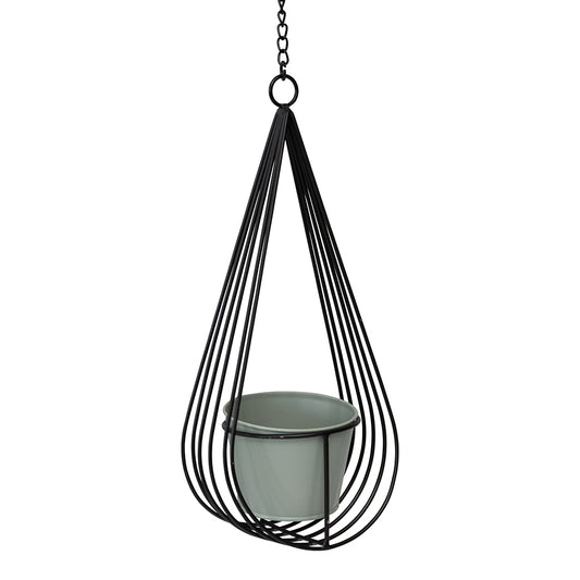 CONTEMPORARY BLACK HANGING CRADLE W/POT & CHAIN PLANTER