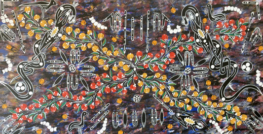 Campfire Gathering by June Sultan, original Aboriginal art, 100 x 52cm